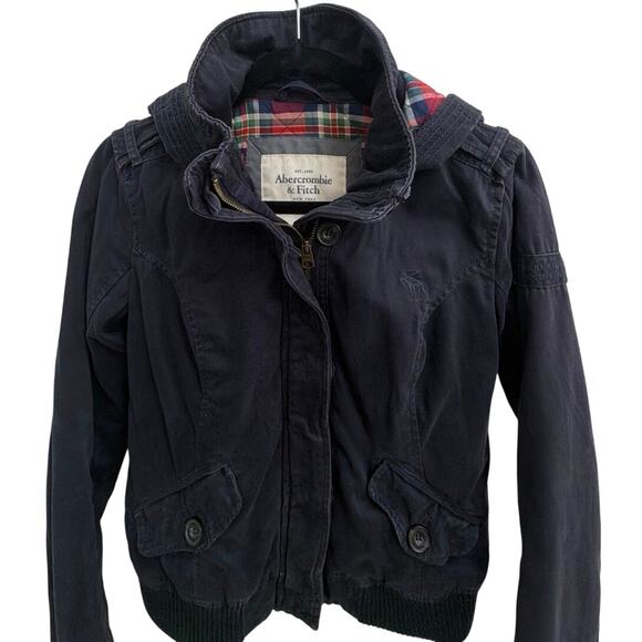 Abercrombie & Fitch Jackets & Blazers - ABERCROMBIE & FITCH Women’s Navy Blue Bomber Jacket Red Plaid Lining Small Y2K